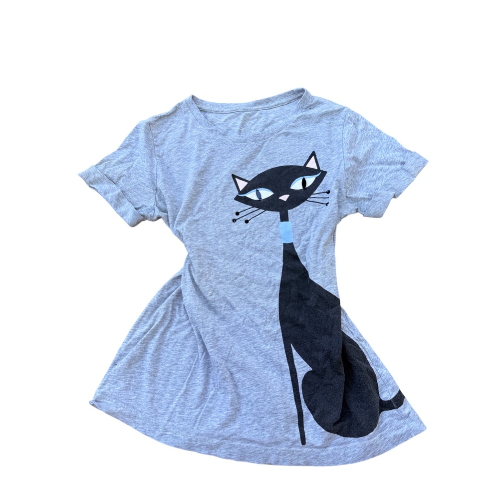 Deadstock Y2K 2000s Cool Cat Graphic T-Shirt‎ Gray Short Sleeve Crew Neck